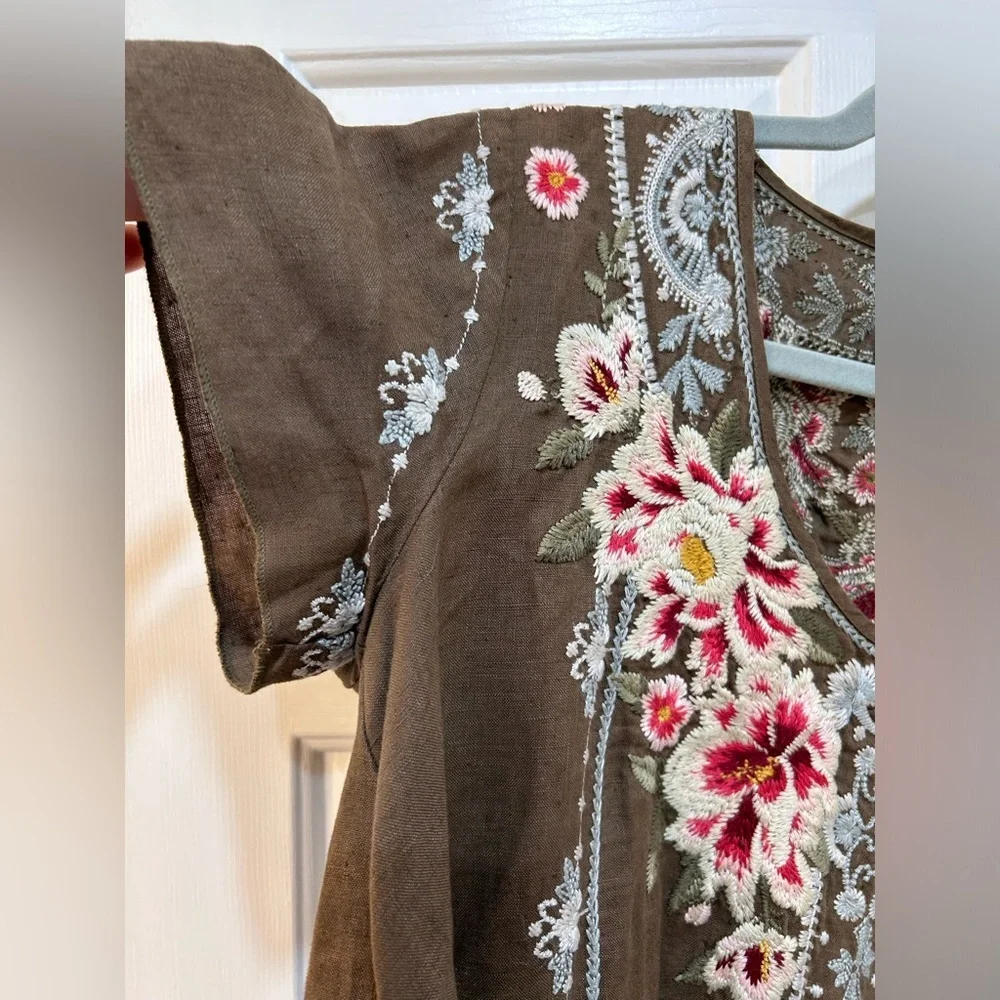 Johnny Was 100% Linen Heavily Embroidered Rustic Boho Tunic Top Sz s - Picture 4 of 12